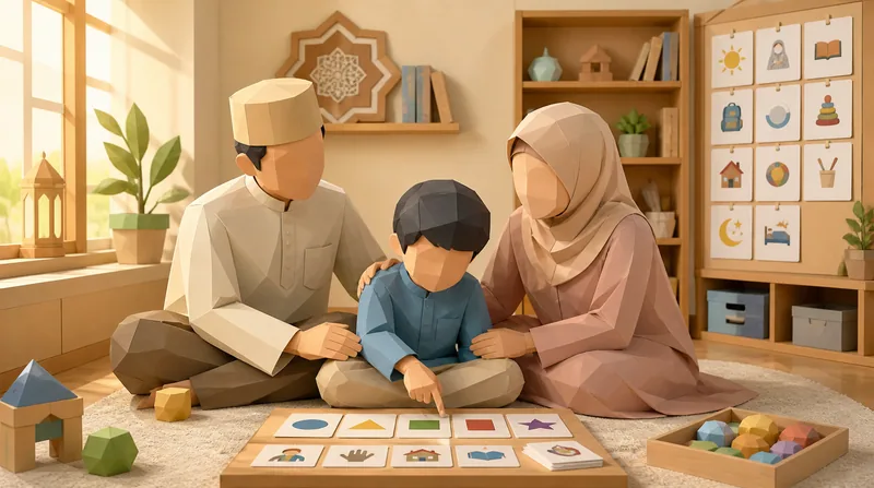 Ilustrasi poly-paper orang tua lega melihat anak spesial mulai mengikuti aktivitas belajar