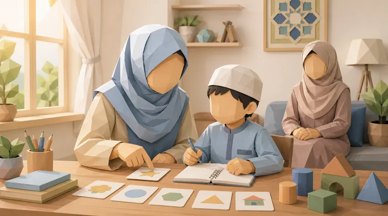 Ilustrasi poly-paper guru mendampingi anak spesial dalam kelas private