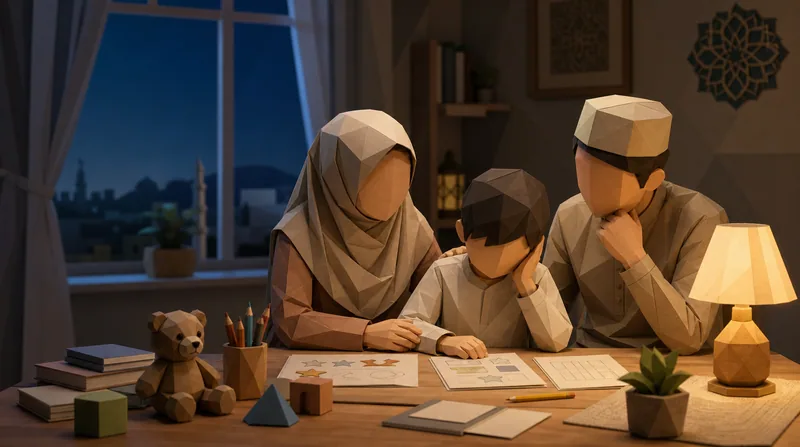 Ilustrasi poly-paper orang tua khawatir mendampingi anak berkebutuhan khusus belajar