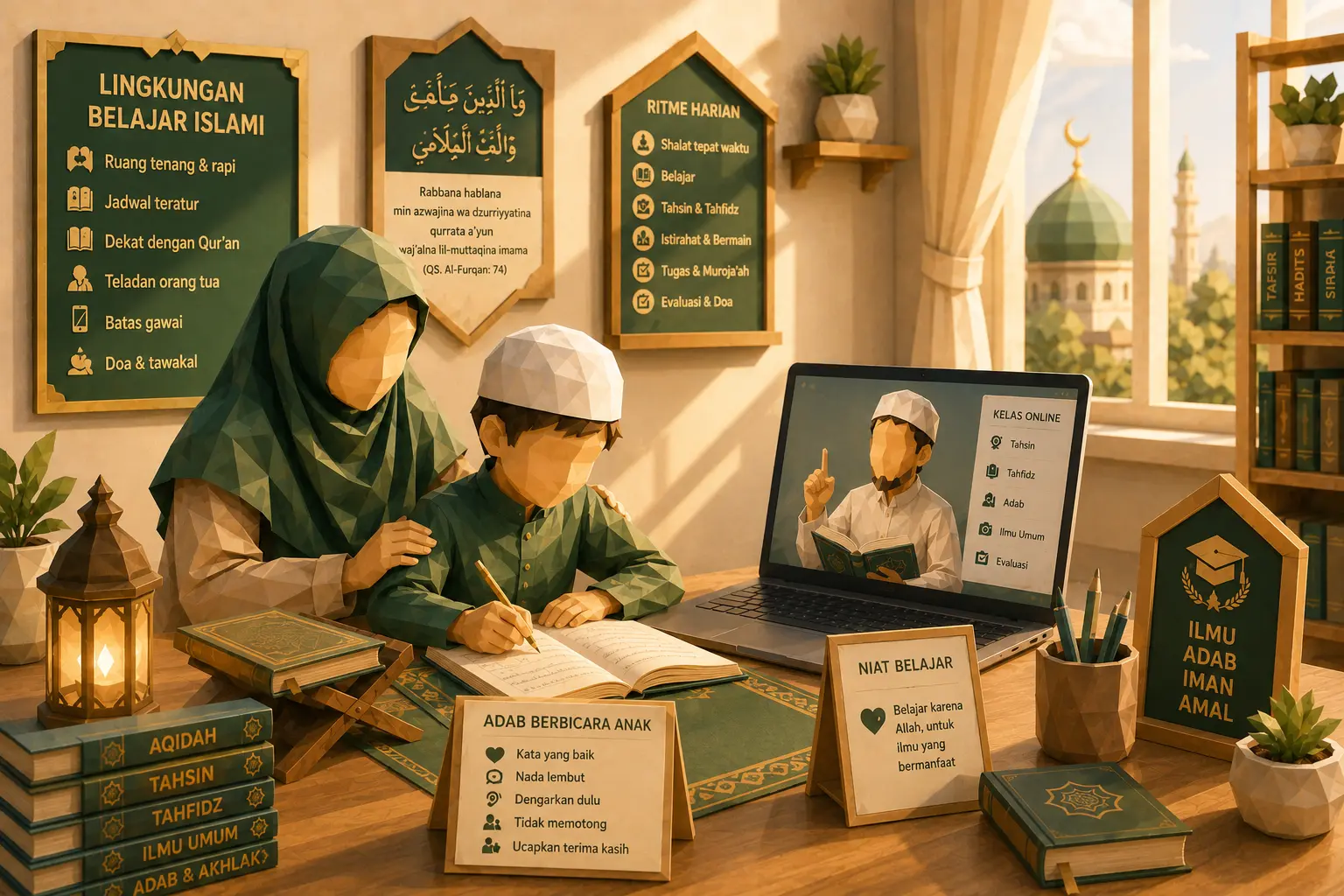 Ibu mengajarkan anak dzikir hauqalah saat belajar bersama di rumah