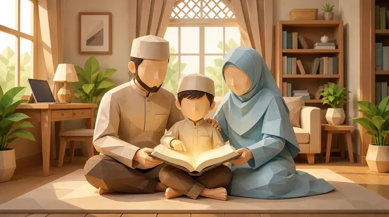 Ilustrasi poly-paper keluarga muslim belajar Al-Qur'an bersama dari rumah