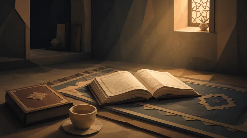 Ilustrasi poly-paper mushaf Al-Qur'an terbuka di ruang belajar yang tenang