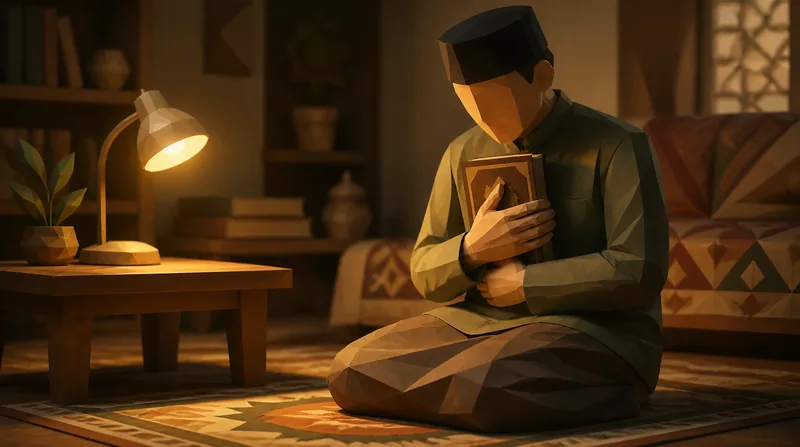 Ilustrasi poly-paper orang dewasa memeluk mushaf dan ingin kembali belajar Al-Qur'an