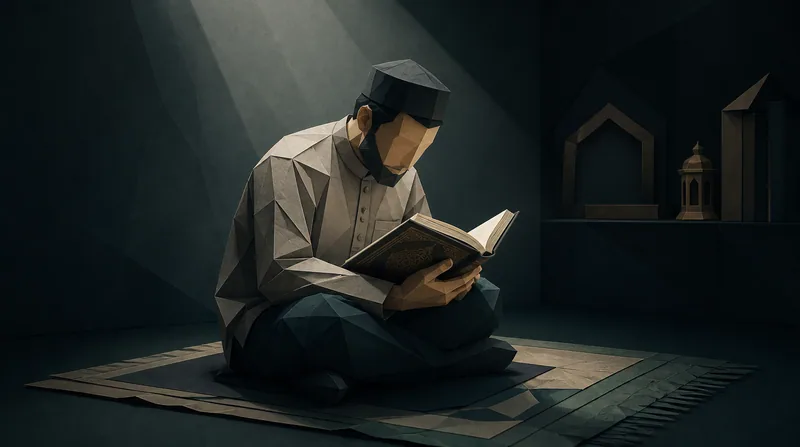 Ilustrasi poly-paper peserta dewasa membaca Al-Qur'an di ruang belajar yang hening