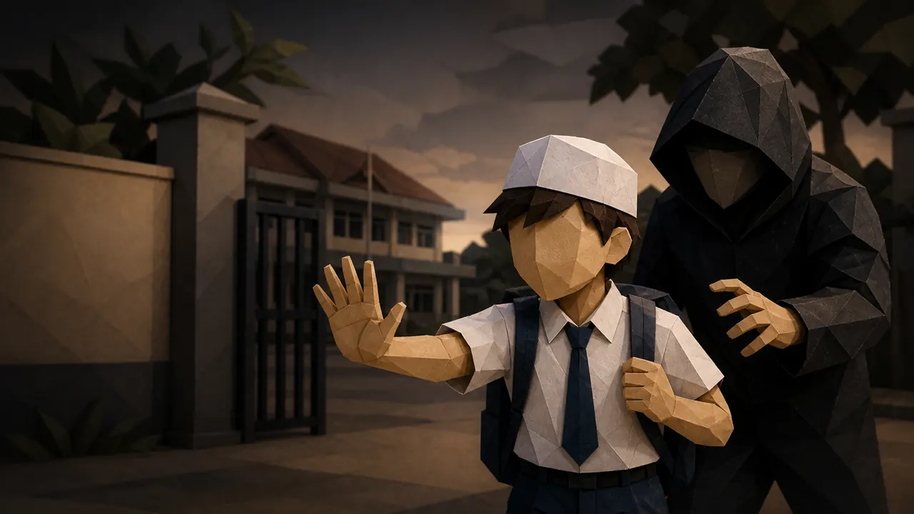 Ilustrasi anak memberi batas aman saat ada siswa lebih besar berdiri terlalu dekat di gerbang sekolah