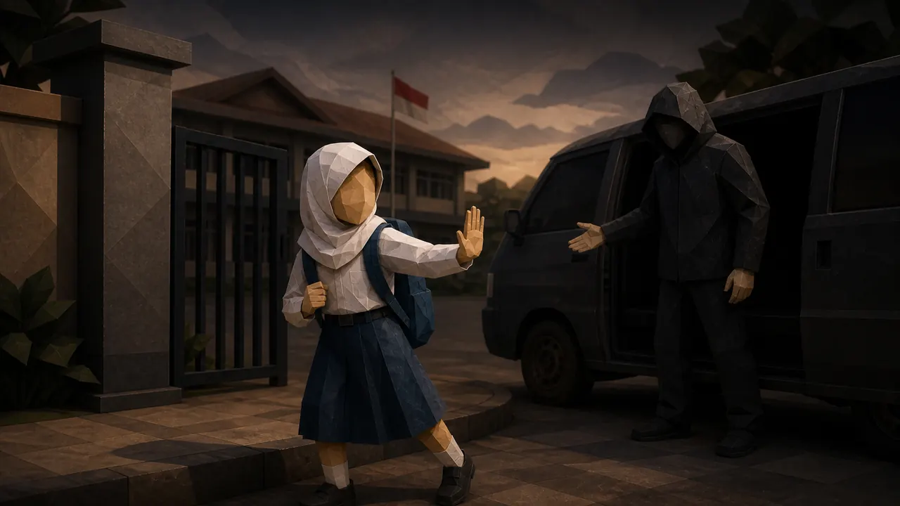 Ilustrasi risiko penculikan anak di titik jemput sekolah dengan kendaraan gelap dan figur mencurigakan