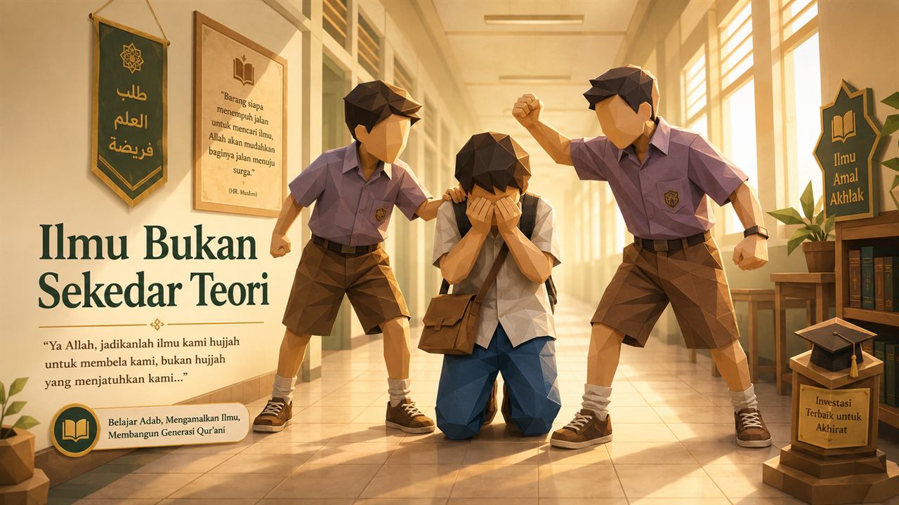 Ilustrasi dua anak mengintimidasi temannya di ruang kelas bernuansa Islami