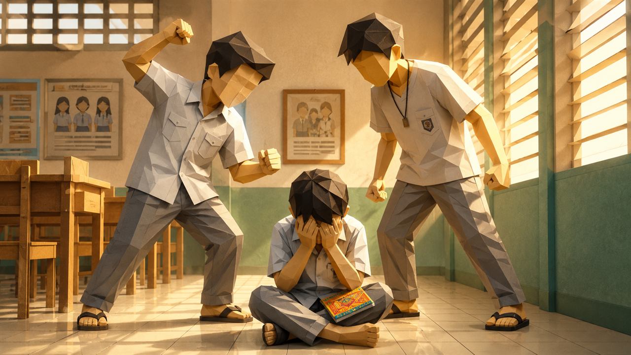 Ilustrasi bullying pada siswa di kelas yang sedang memegang buku