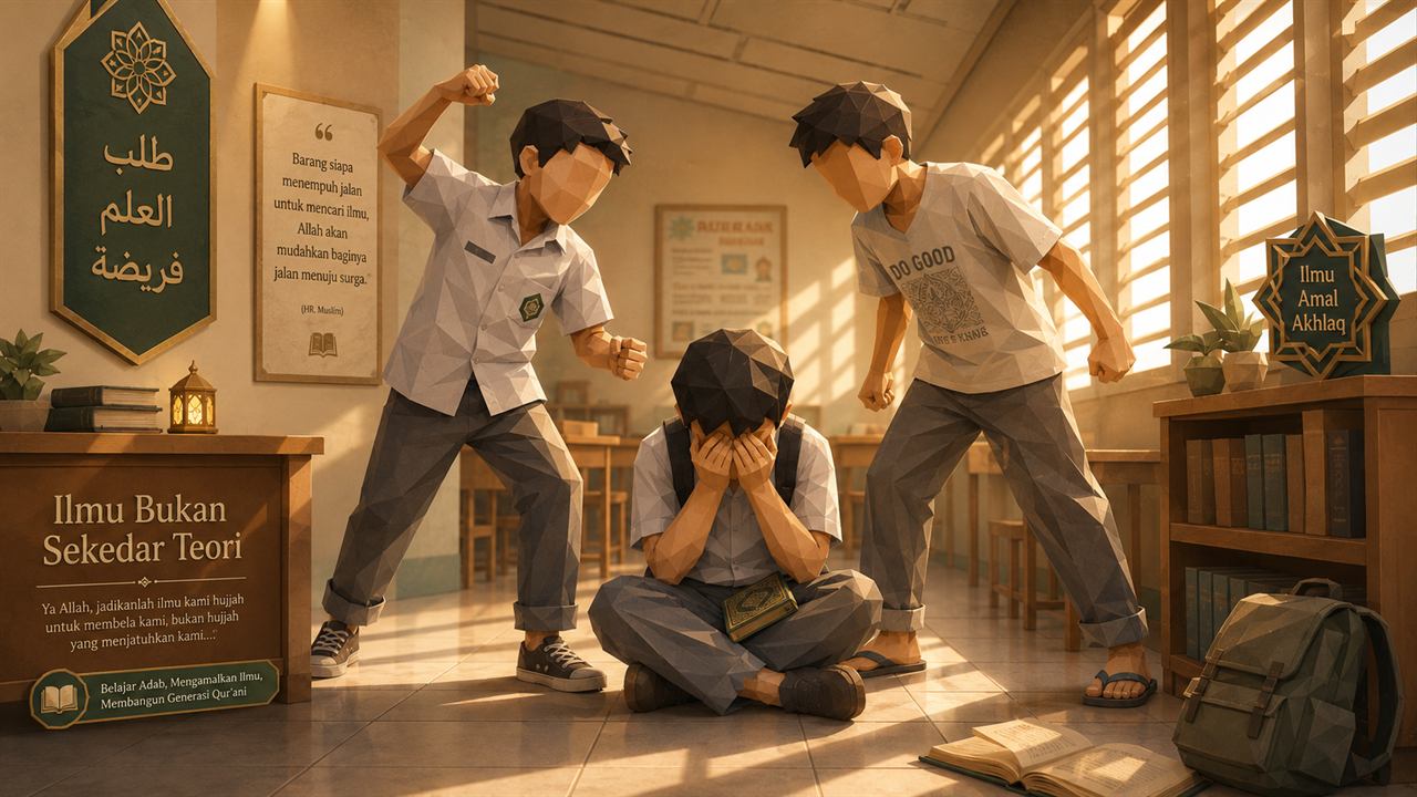 Ilustrasi perundungan siswa di lorong sekolah dengan pesan ilmu dan akhlak