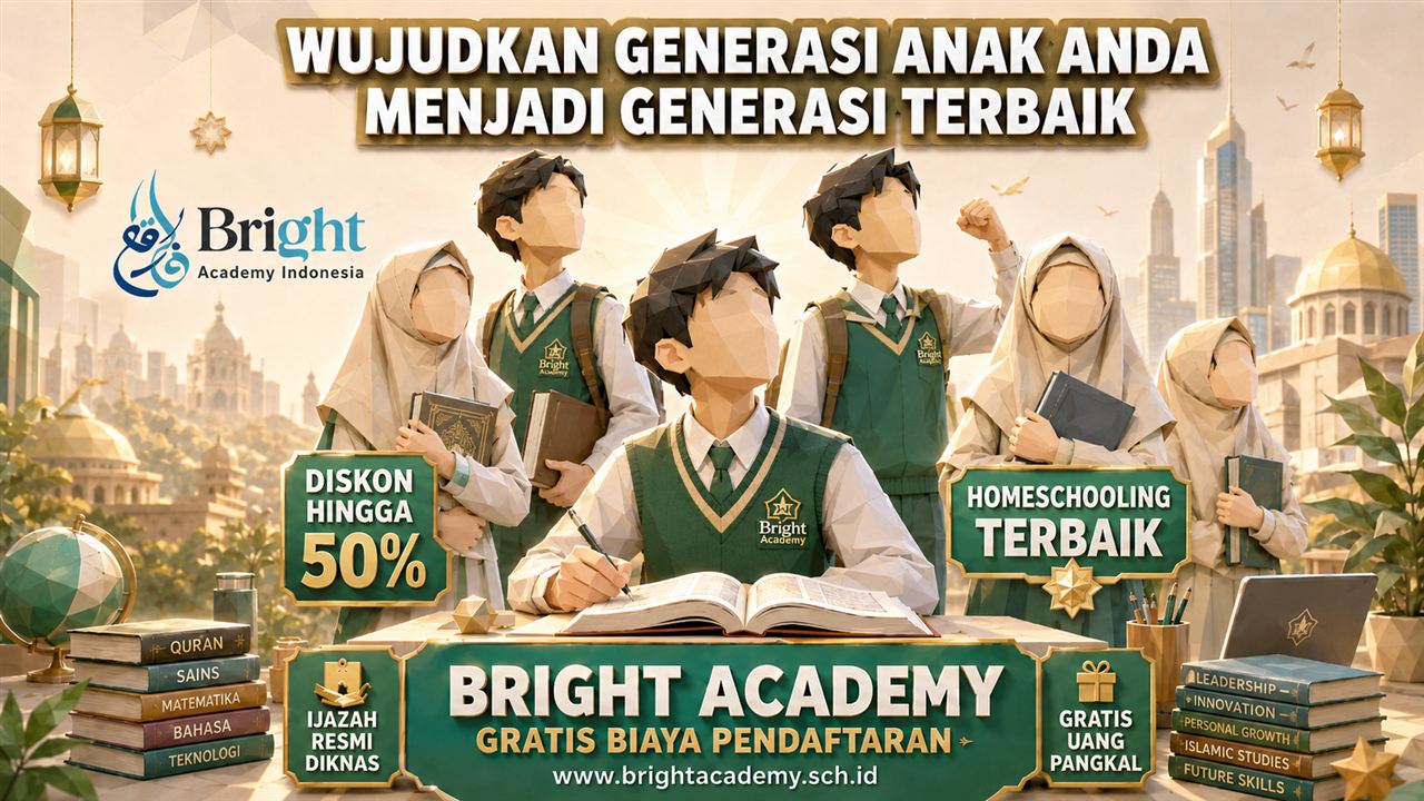 Poster promosi Bright Academy dengan siswa muslim berprestasi dan pesan homeschooling terbaik